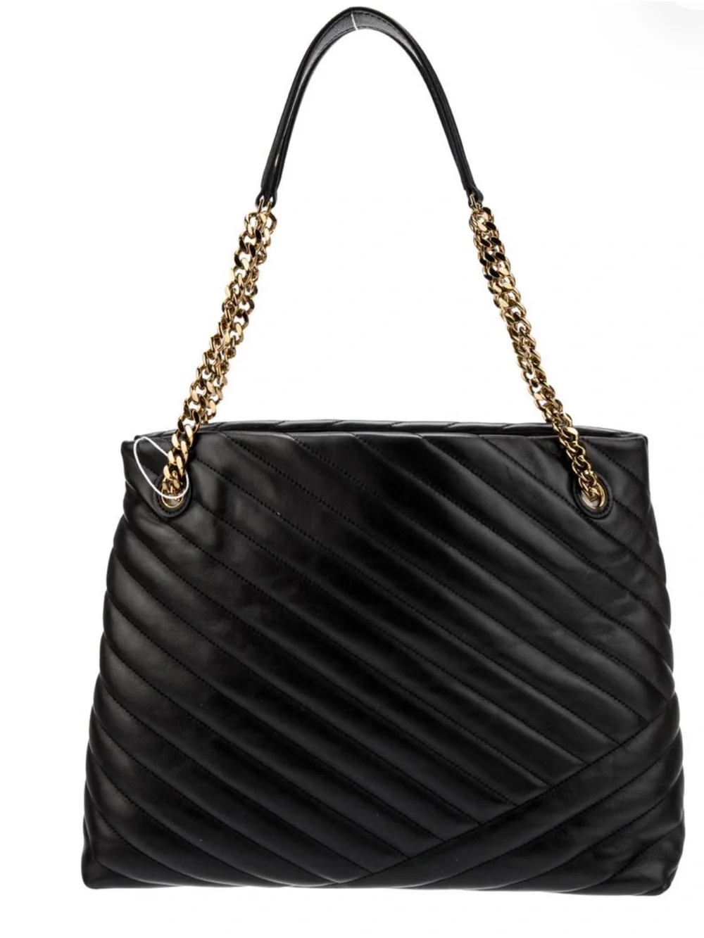 Tory Burch Kira Chevron Black Quilted Leather Shoulder Tote with Gold Chain